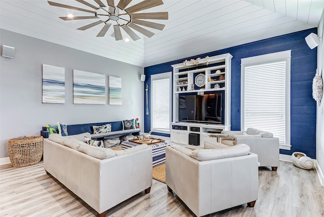 living room featuring light wood-type flooring, ceiling fan, plenty of natural light, and wooden ceiling