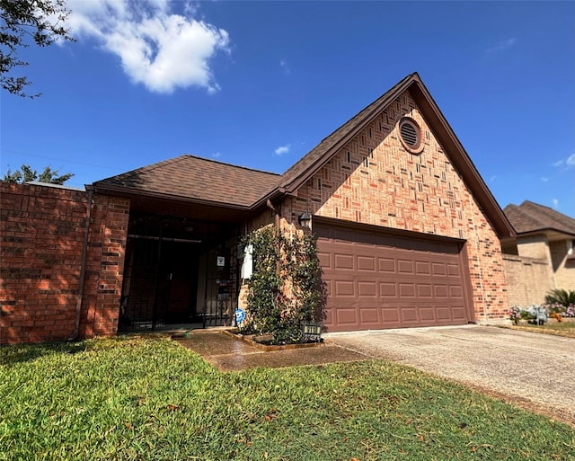 view of front of property with a front lawn and a garage