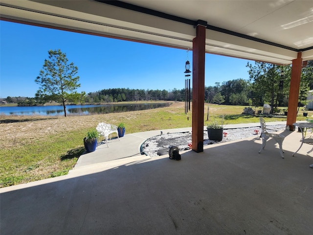 view of patio / terrace featuring a water view