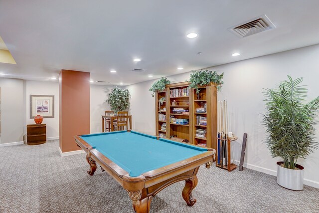 playroom featuring pool table and light colored carpet