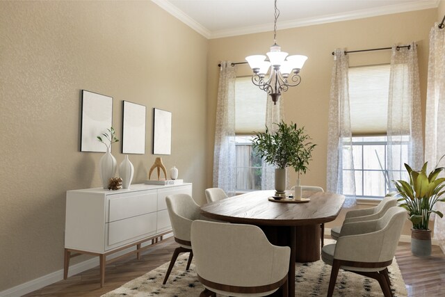 dining area featuring ornamental molding, an inviting chandelier, and hardwood / wood-style flooring