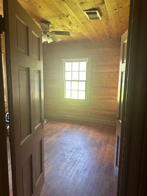 empty room featuring wooden walls, dark hardwood / wood-style floors, ceiling fan, and wooden ceiling