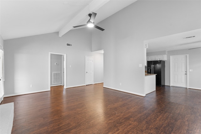 unfurnished living room with beam ceiling, dark hardwood / wood-style floors, ceiling fan, and high vaulted ceiling