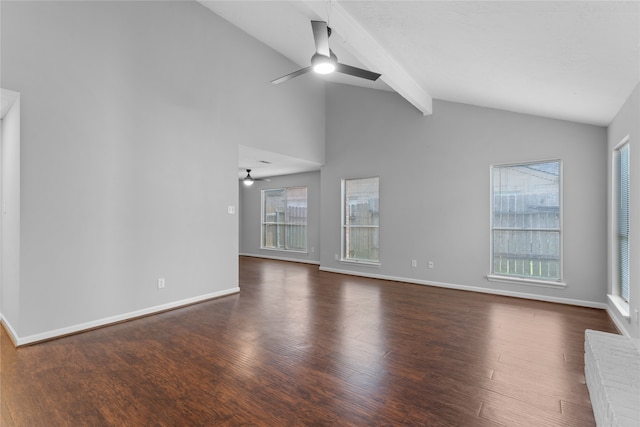 unfurnished living room featuring beam ceiling, dark hardwood / wood-style flooring, ceiling fan, and high vaulted ceiling