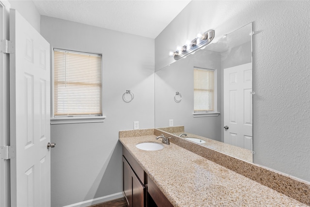 bathroom with vanity, plenty of natural light, and a textured ceiling