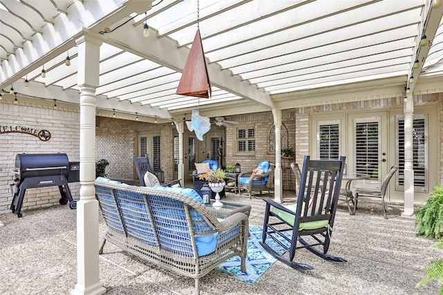 view of patio with an outdoor hangout area and a pergola