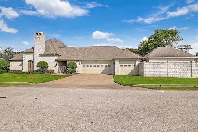 view of front facade with a garage and a front lawn