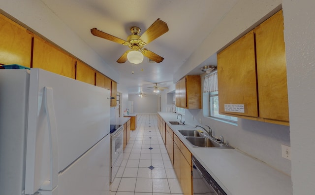 kitchen with sink, ceiling fan, light tile patterned flooring, and white fridge