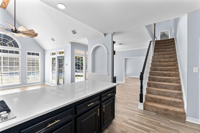 kitchen with ceiling fan, a textured ceiling, and vaulted ceiling