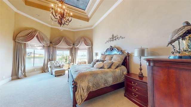 bedroom featuring a raised ceiling, crown molding, a notable chandelier, and light carpet