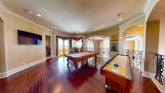 game room with dark hardwood / wood-style floors, crown molding, and billiards