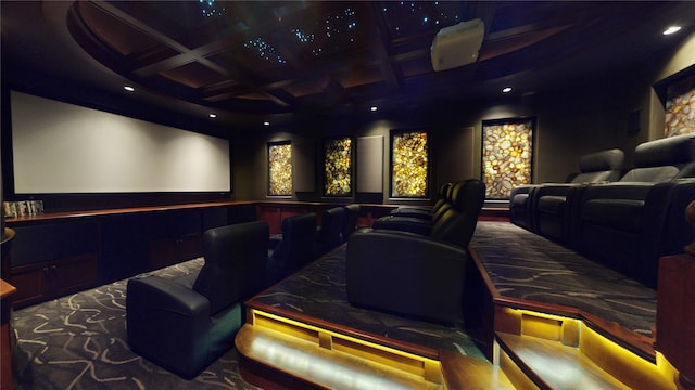 home theater featuring coffered ceiling