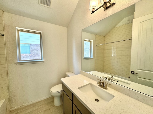 bathroom with vanity, toilet, and lofted ceiling