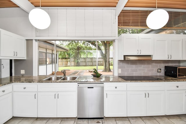 kitchen featuring pendant lighting, white cabinetry, backsplash, black appliances, and sink