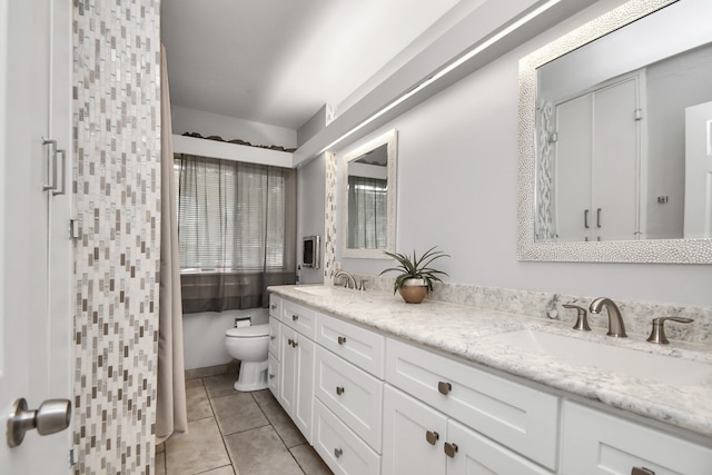 bathroom with tile patterned flooring, toilet, walk in shower, and vanity