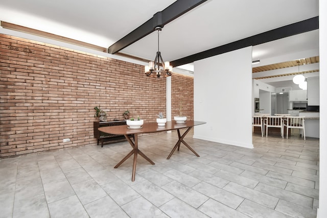 unfurnished dining area featuring brick wall, light tile patterned floors, a chandelier, and beam ceiling