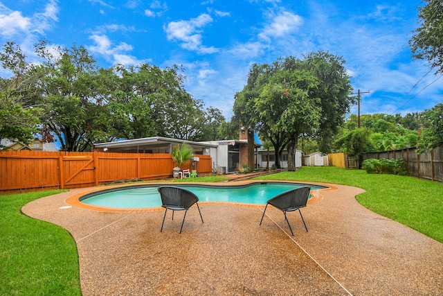 view of swimming pool featuring a storage shed, a patio area, and a yard