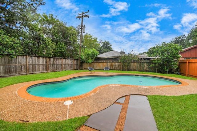 view of swimming pool with a lawn and a patio