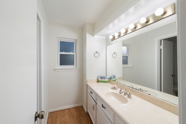 bathroom featuring vanity, toilet, and hardwood / wood-style flooring