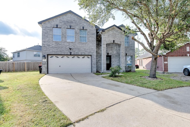 view of front facade with brick siding, fence, a garage, driveway, and a front lawn