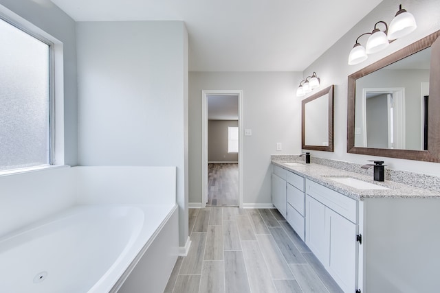 bathroom with hardwood / wood-style flooring, a tub to relax in, and vanity