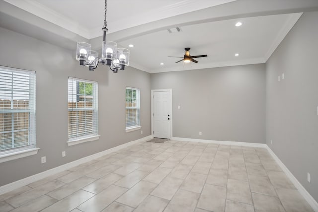 spare room featuring ceiling fan with notable chandelier and light tile patterned flooring