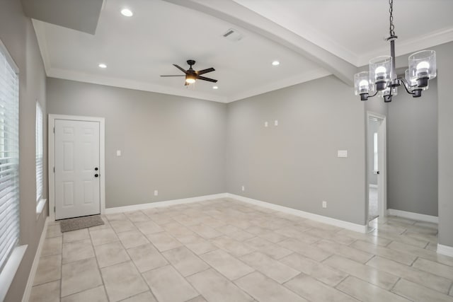 spare room with ornamental molding, ceiling fan with notable chandelier, and light tile patterned floors