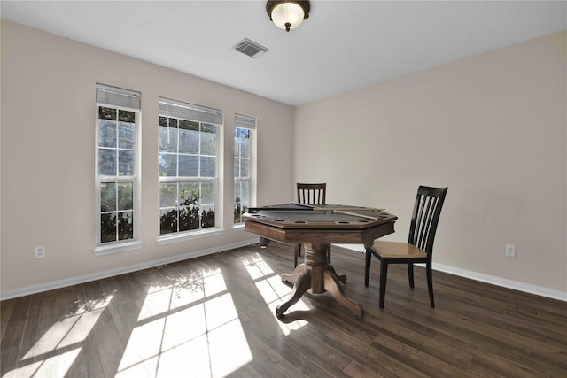 interior space with pool table and dark hardwood / wood-style floors