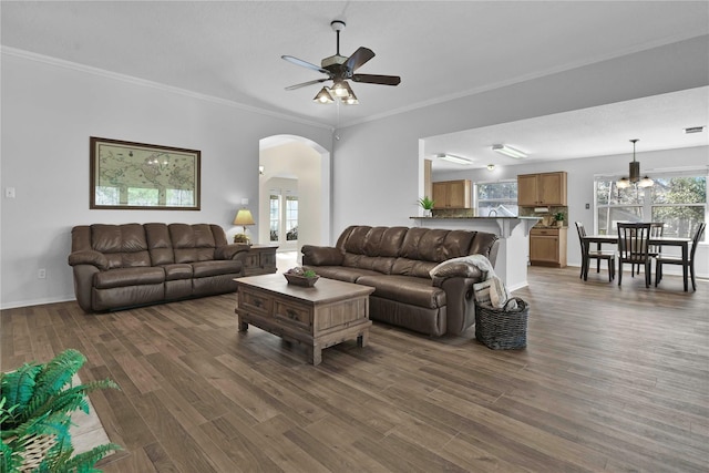 living room featuring ceiling fan, crown molding, and dark hardwood / wood-style flooring