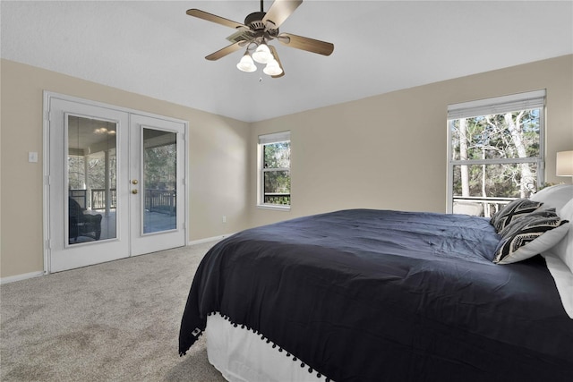 carpeted bedroom featuring ceiling fan, access to outside, and french doors