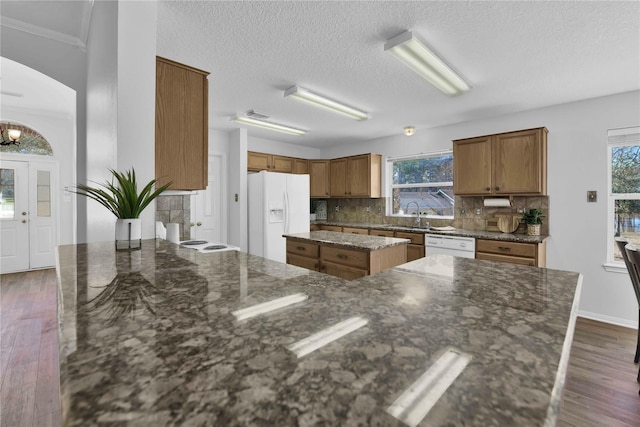 kitchen featuring dark hardwood / wood-style flooring, plenty of natural light, and white appliances