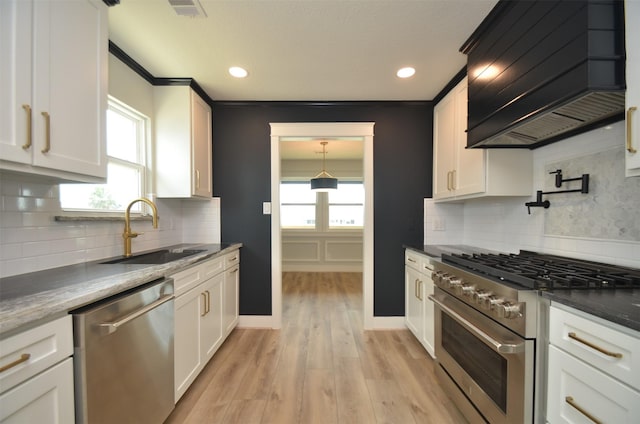 kitchen featuring a healthy amount of sunlight, premium range hood, appliances with stainless steel finishes, and a sink