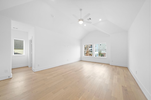 bonus room featuring vaulted ceiling, ceiling fan, and light hardwood / wood-style floors