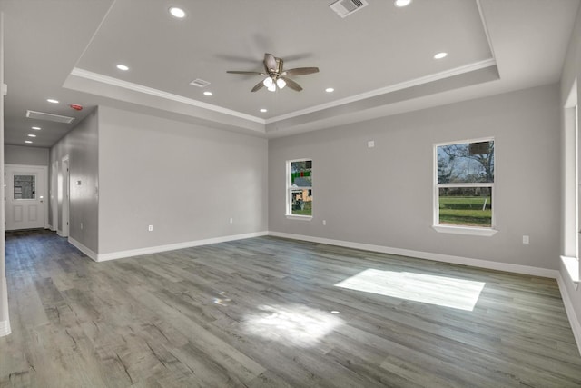 unfurnished room with light hardwood / wood-style floors, a tray ceiling, a healthy amount of sunlight, and ceiling fan