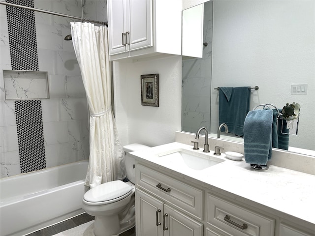 full bathroom featuring tile patterned flooring, vanity, toilet, and shower / bathtub combination with curtain