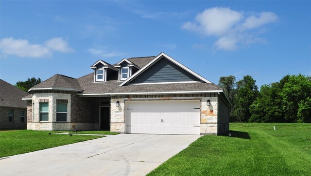 view of front of property featuring driveway, stone siding, roof with shingles, an attached garage, and a front lawn