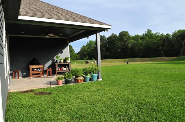 view of yard with a patio area and ceiling fan