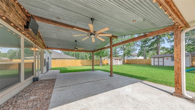 view of patio / terrace featuring a storage shed