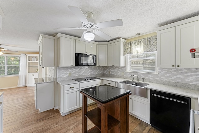 kitchen featuring tasteful backsplash, black appliances, wood-type flooring, sink, and ceiling fan