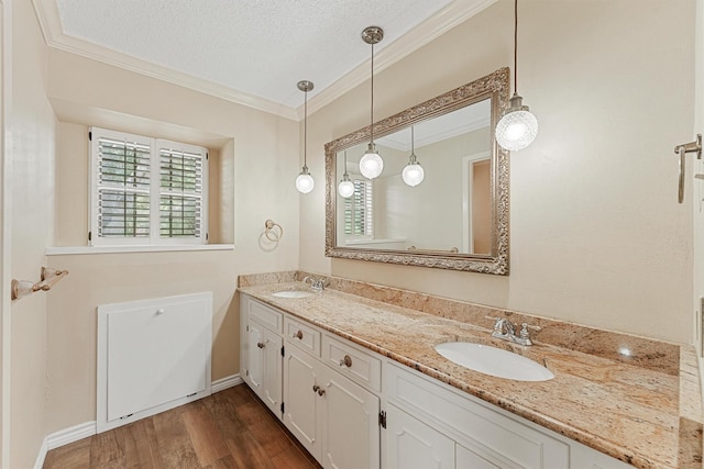 bathroom featuring wood finished floors, a sink, and crown molding