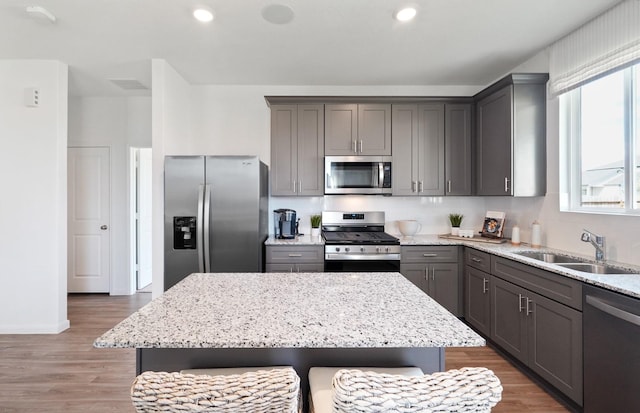25453 Cilantro Dr, Magnolia, TX 77355 - kitchen with gray cabinetry, stainless steel appliances, a sink, and light stone countertops
