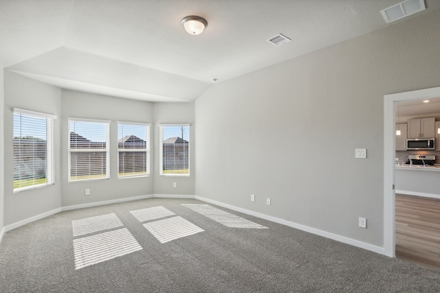 carpeted empty room with vaulted ceiling and a healthy amount of sunlight