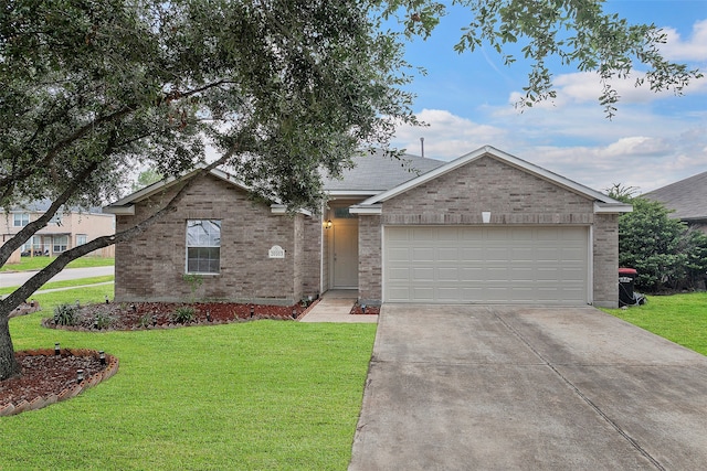 ranch-style house featuring a garage and a front yard