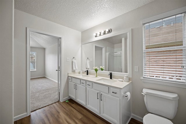 bathroom featuring toilet, a shower with door, vanity, a textured ceiling, and hardwood / wood-style flooring