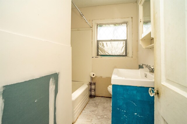 full bathroom with tile patterned flooring, vanity, toilet, and washtub / shower combination