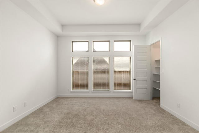 carpeted spare room featuring a raised ceiling