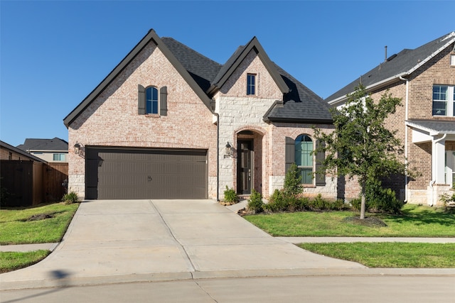 french country home featuring a front yard and a garage