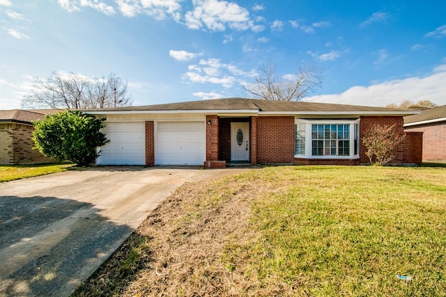 ranch-style house with a front yard and a garage