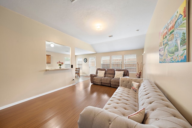 living room with a textured ceiling and hardwood / wood-style flooring