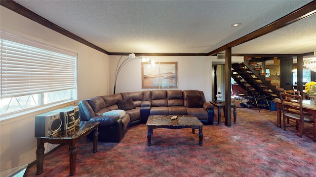 living room featuring a textured ceiling, brick wall, and carpet floors